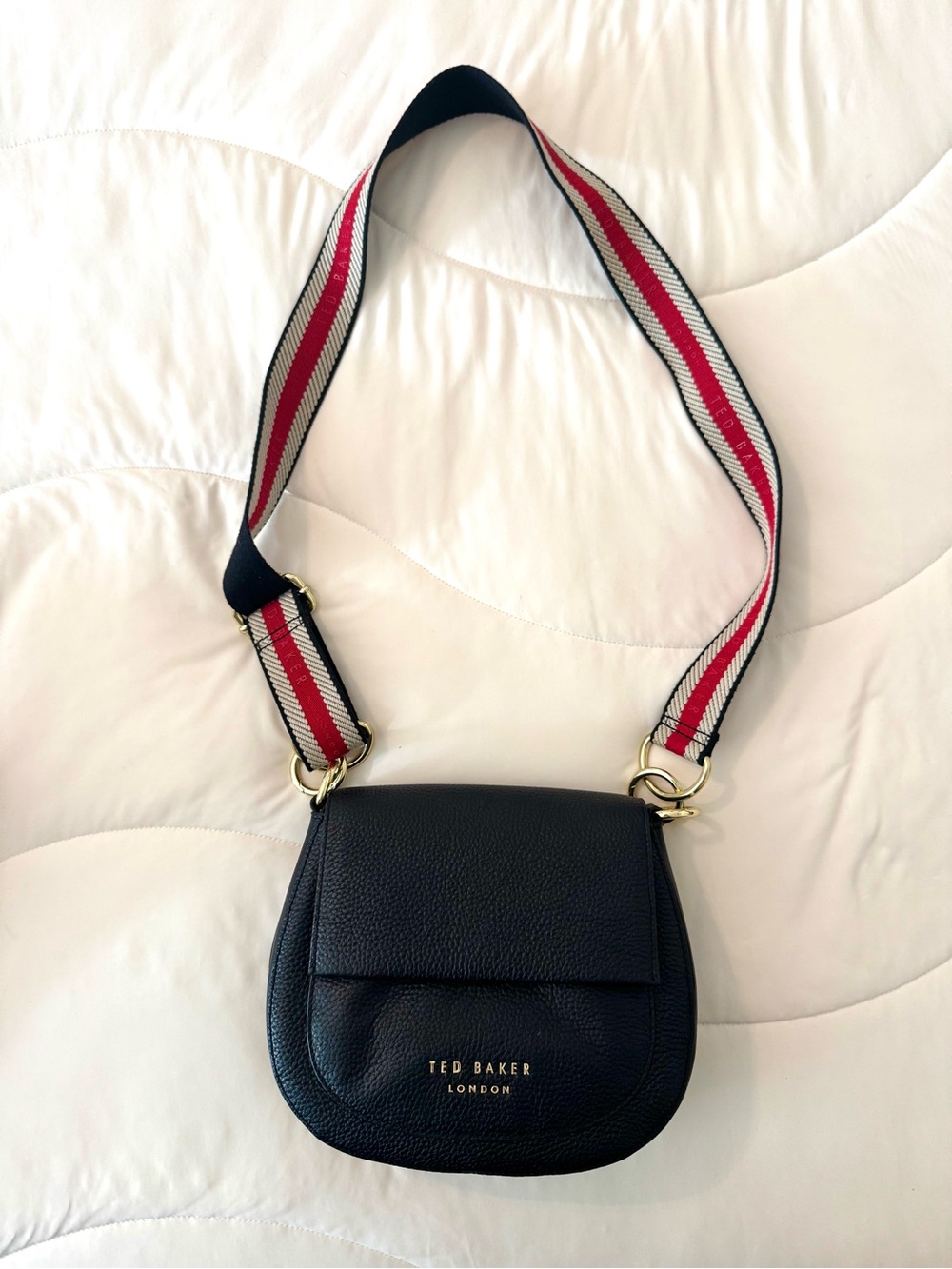 Ted Baker Black Pebbled Leather Crossbody with Red and White Stripe Strap